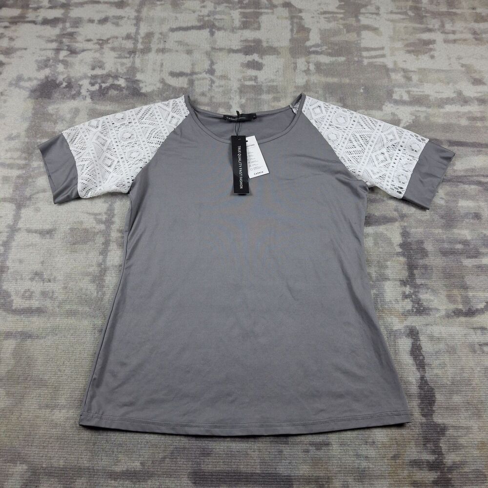 Celmia Top Womens XL Gray Crewneck White Crochet Lace Raglan Short Sleeve Shirt
